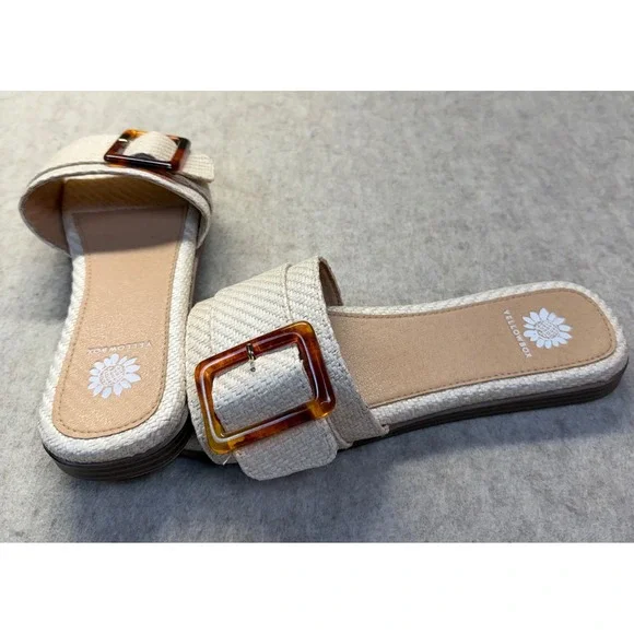 Yellow Box Kelila Sandals Women Size 8 Cream Woven Raffia Slide Tortoise Buckle - Picture 2 of 8